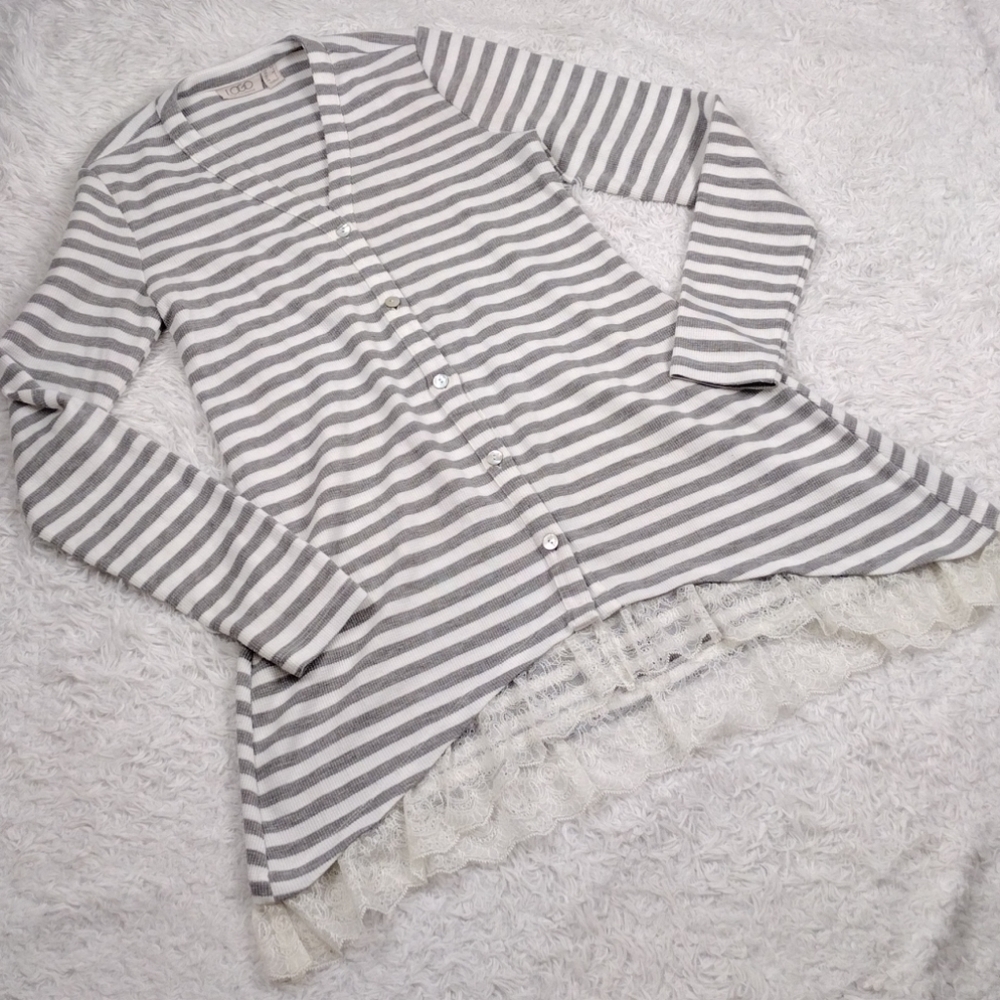 LOGO Lori Goldstein Gray Stripe V-Neck Long Sleeve Button Up High Low Tunic Top
